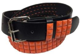 48 Pieces Orange Color 3 Row Studded Belt - Unisex Fashion Belts