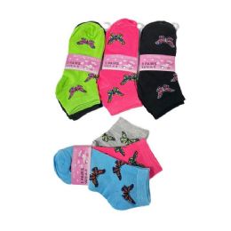 24 Wholesale 3pr Girl's Printed Anklet Socks 6-8 [butterflies]