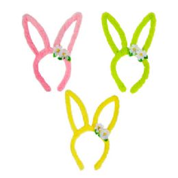 36 pieces Bunny Ear Headband Plush Outline 3ast Colors W/flowers/barbellhdr - Costumes & Accessories