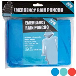 36 Bulk Rain Poncho Emergency 2pk 3astcolors 50x40in Bonus Mdsg Stripsincluded/pbh