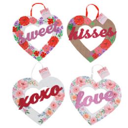 36 pieces Valentine Hanging Wall Plaque Paperboard Heart W/glitter 4ast Floral Print 11x10.5in Val ht - Valentine Decorations