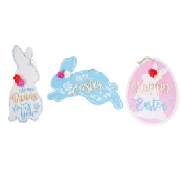 24 of Easter Hanging Plaque 3ast Mdf Bunny Embellished W/eva Flowers Jute Rope Hanger/mdf Comply Lbl
