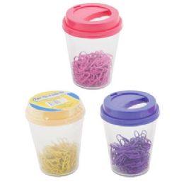 24 of Paper Clips 100ct In Plastic Cup 3ast Clrs 3x3.8in Shrink/label Purple/pink/yellow