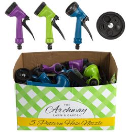 24 Wholesale Hose Nozzle 5 Function Green/purple/blue Hangtag/24pc Pdq