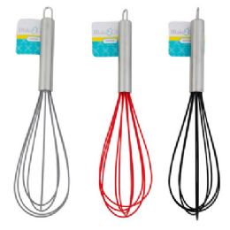 24 of Whisk Silicone W/stainless Steel Tubular Handle 3ast Clrs B&c Tcd 11in L W/hook Red/black/grey
