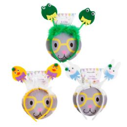 24 Bulk Easter Headband 3ast W/googly Eyes & Feathers/bunny Backercard Chick/bunny/frog