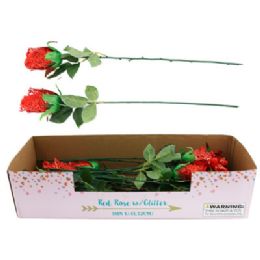 24 pieces Rose Red Long Stem W/glitter 18in 24pc K/d Display - Artificial Flowers