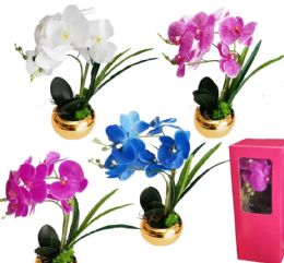 12 Pieces Orchid With Gold Vase - Artificial Flowers