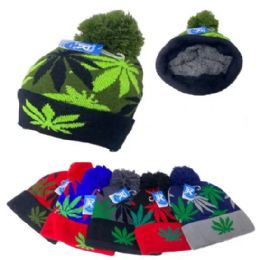 24 Pieces Knitted Pompom Hat [marijuana Leaves] - Winter Beanie Hats