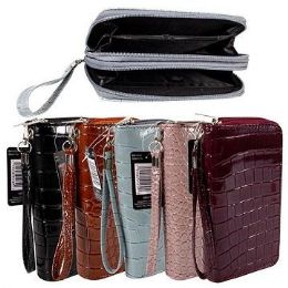 24 Wholesale Ladies Dual Zipper Wallet With Wrist Strap [large Texture]