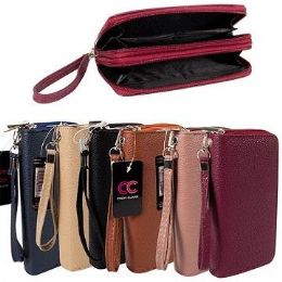 24 Pieces Ladies Dual Zipper Wallet with Wrist Strap [Suede-Like] - Wallets & Handbags