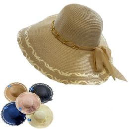 24 Bulk Ladies Woven Summer Hat [gold Chain Link Band/chiffon Bow]