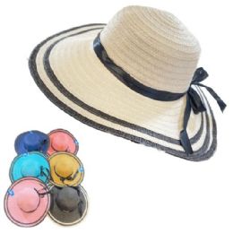 24 Bulk Ladies Woven Summer Hat [twO-Tone Edge/thin Bow]