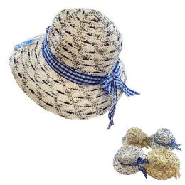 24 Wholesale Ladies Woven Summer Hat [twO-Tone Hat/plaid Bow]