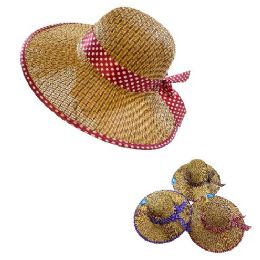 24 Bulk Ladies Woven Summer Hat [variegated Hat/polka Dot Bow]