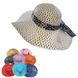24 Bulk Ladies Woven Summer Hat [vented Weave/leopard Print Bow]
