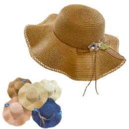 24 Wholesale Ladies Woven Summer Hat [wavy Brim/flower Decoration]