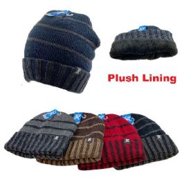 24 Pieces PlusH-Lined Knit Toboggan [ribbed Edge With Wide Stripes] - Winter Beanie Hats