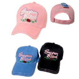 24 Pieces Super Bitch Hat [roses] - Baseball Caps & Snap Backs