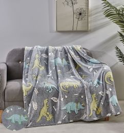 12 Pieces Glow In The Dark Super Fun And Cozy Microplush Blanket Grey Dino - Micro Plush Blankets