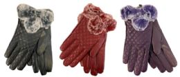 24 Bulk Faux Leather Lady Winter Fur Gloves Solid Color
