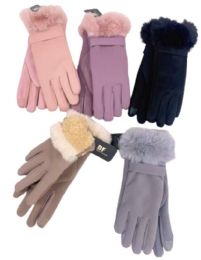 24 Bulk Lady Winter Fur Touch Gloves Solid Color