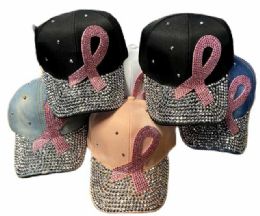 24 Wholesale Rhinestone Blingbling Baseball Hat/cap Breast Cancer Awareness