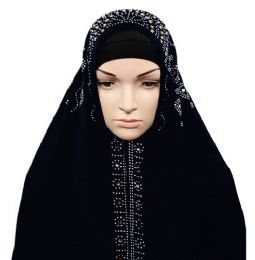 12 Bulk Wholesale All Black Muslim Headscarves With Rhinestone Pattern