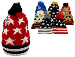 24 Bulk Pompom Winter Hat With Star Design