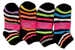 144 Pairs Woman Black Color Strips - Womens Crew Sock