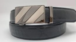 12 Bulk Men's Black Leather Belts With Chrome Stripe Hardware