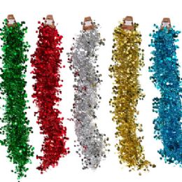 48 pieces Garland Tinsel 9ft W/diecut Hexagon 4ast Colors Green/red/silver/gold Barbell Crd - Hanging Decorations & Cut Out