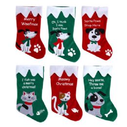 48 Wholesale Stocking Pet 6ast Felt 18in 36dog/12cat W/funny Sayings Red/green Jhook/ht