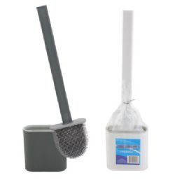 12 of Toilet Brush/holder Set Flexible Tpr Bristle Compact Size Pb/lbl 2ast Colors White/grey