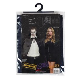 24 Wholesale Cape Adult Costume Blk 56in W/puffed Collar Satiny Poly Pvc Bag/insert Card/plst Hanger