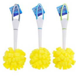 36 pieces Dish Brush Sponge Pom Head 12.2in Plastic Handle Clean Ht 3ast Colors W/yellow Head - Scouring Pads & Sponges