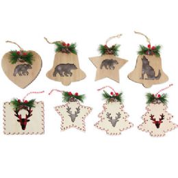 48 pieces Ornament Woodland Plywood 8ast W/greenery Winter Animals W/fur Or Buffalo Print Fabric Xmas ht - Christmas Ornament
