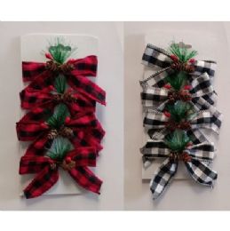 24 pieces Bow Christmas Buffalo Check 4pk 2ast W/pine Greenery 4x5in Tcd Polyester Bow - Store