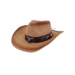 12 Bulk Unisex Paper Straw Adjustable Western Cowboy Hat With Bull Banded