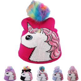 12 Bulk Kid Unicorn Style Winter Knit Pom Pom Hat