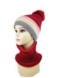 36 Bulk Stripe Pom Pom Winter Hat And Neck Warmer Set Fleece Line