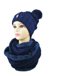 48 Wholesale Owl Pin Design Pom Pom Winter Hat And Infinity Scarf Set Fleece Lined
