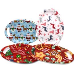 48 pieces Party Solution Tray 13 X 9 In Christmas With Handle Oval Assorted Designs - Plastic Dinnerware