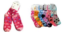 300 Pieces Fuzzy Non Slip Polkadot Design Long Socks - Womens Slipper Sock