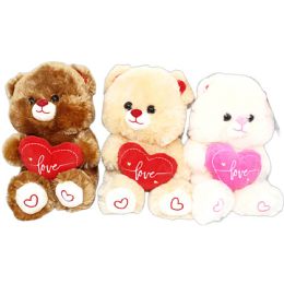 72 Pieces 9" Plush Bear With Heart 3-Asst - Valentines
