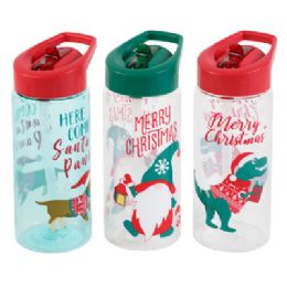 18 pieces Sipper Bottle W/fliptop Straw 16oz 3ast Christmas Prints/upc Tray Display - Christmas Decorations