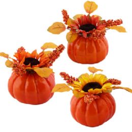 12 Wholesale Pumpkin Large W/sunflower & Berry Cluster/leaf 6x9in Harv ht