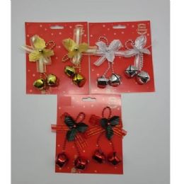 24 Bulk Ornament Bells 2pk W/holly & Bow 4ast Colors Christmas Tie On Card