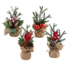24 pieces Burlap Wrapped Christmas Pine Table Decor 4ast 10.5-11in Hangtag - Christmas Decorations