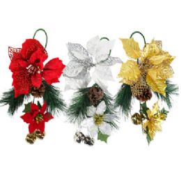 12 pieces Poinsettia Hanging Decor 15in W/pine & Bells 3ast Colors ht - Christmas Decorations